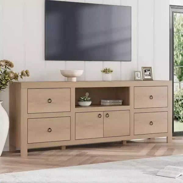 Meuble TV pour téléviseurs de 80 pouces, long meuble de rangement avec 6 tiroirs et étagère pour barre de son, meubles console marron pour salon et chambre