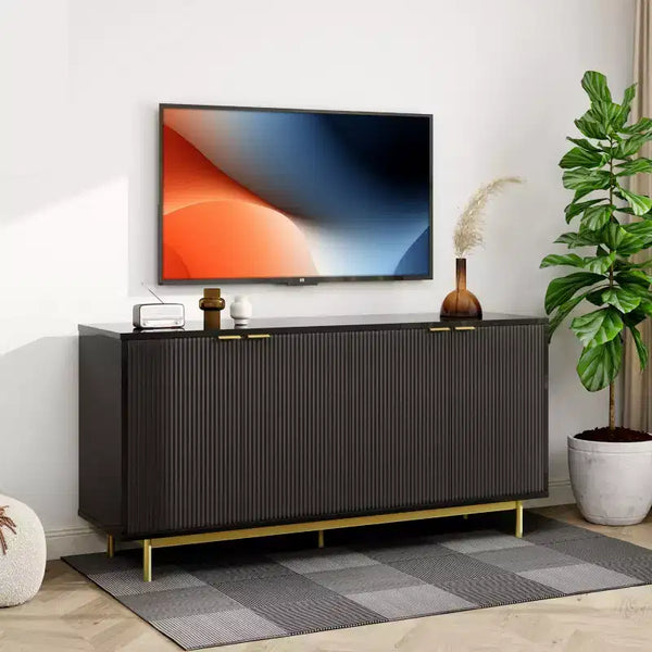 Meuble TV cannelé de 147 cm pour téléviseur de 65 pouces, console média moderne avec rangement, meuble TV de salon