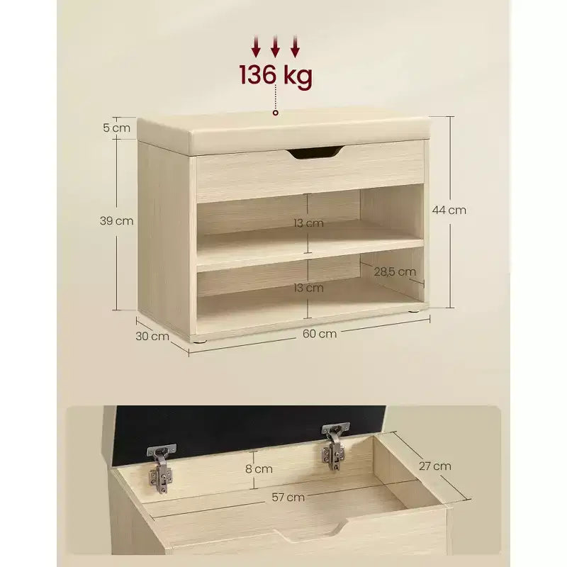 Banc à chaussures avec siège rembourré et 3 compartiments de rangement, organisateur d'entrée robuste, 30 x 60 x 44 cm