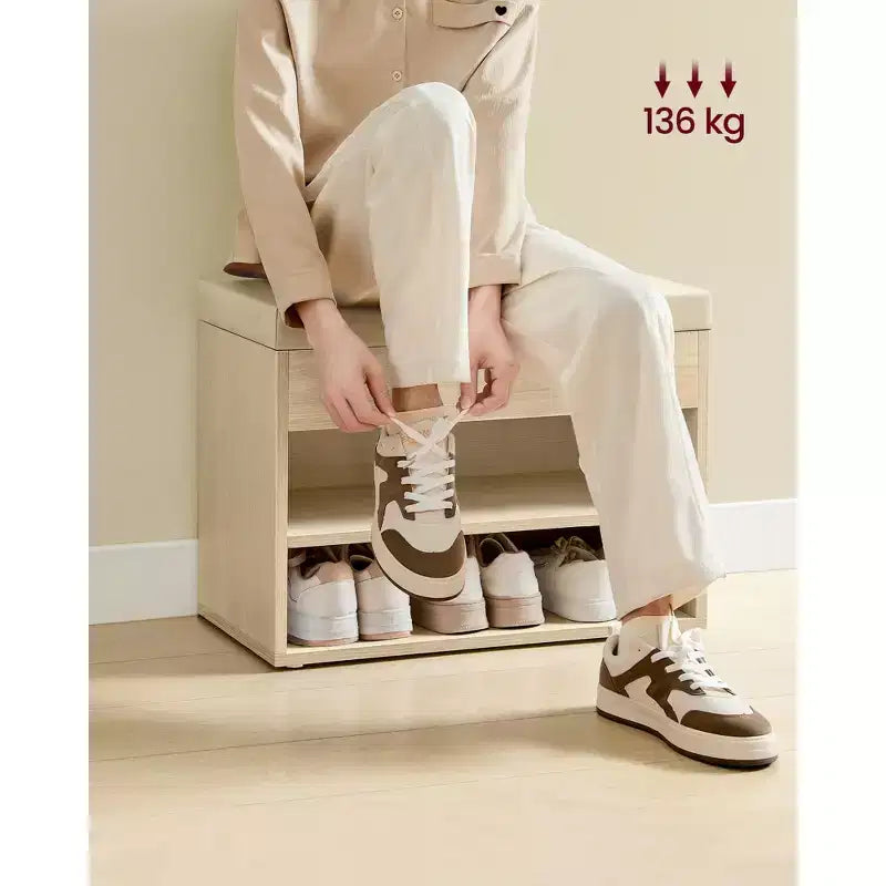 Banc à chaussures avec siège rembourré et 3 compartiments de rangement, organisateur d'entrée robuste, 30 x 60 x 44 cm