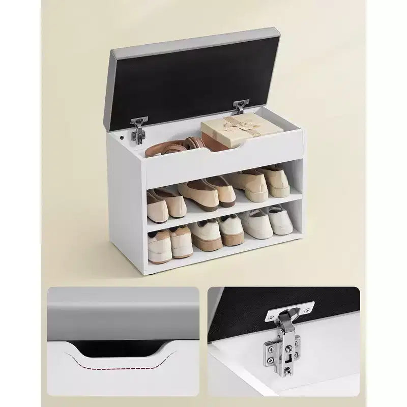 Banc à chaussures avec siège rembourré et 3 compartiments de rangement, organisateur d'entrée robuste, 30 x 60 x 44 cm