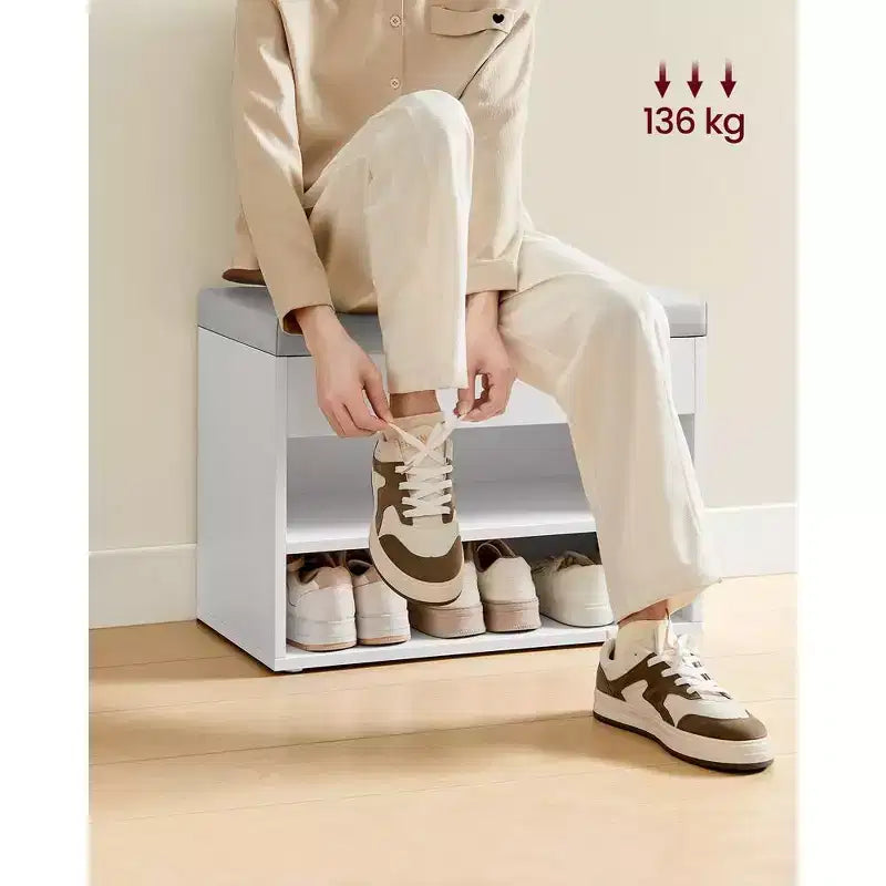 Banc à chaussures avec siège rembourré et 3 compartiments de rangement, organisateur d'entrée robuste, 30 x 60 x 44 cm