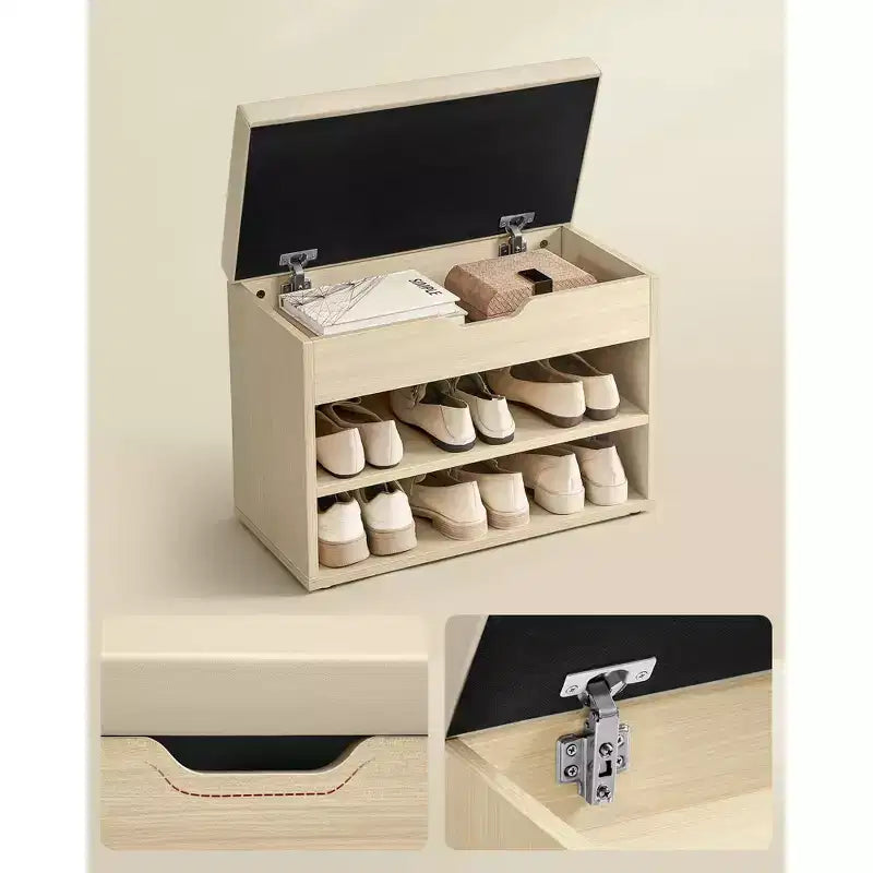 Banc à chaussures avec siège rembourré et 3 compartiments de rangement, organisateur d'entrée robuste, 30 x 60 x 44 cm