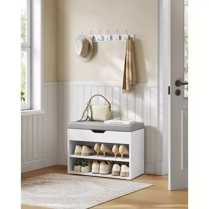 Shoe Bench with Cushioned Seat and 3 Storage Compartments, Sturdy Entryway Organizer, 11.8 x 23.6 x 17.3 Inches