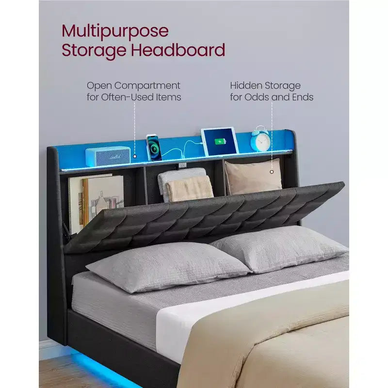 Cadre de lit flottant pleine grandeur avec lumières DEL, Cadre de lit double avec station de recharge, Tête de lit capitonnée avec rangement, Cadre de lit plateforme rembourré