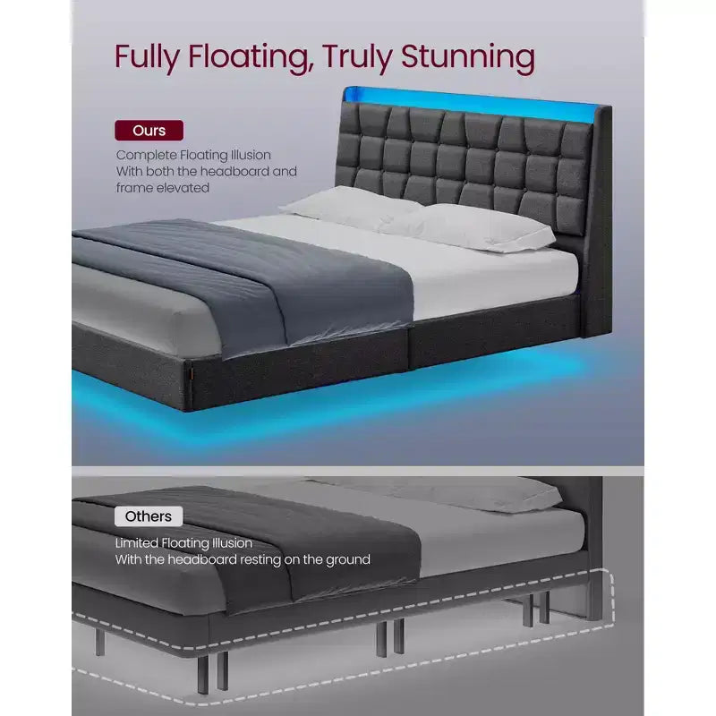Cadre de lit flottant pleine grandeur avec lumières DEL, Cadre de lit double avec station de recharge, Tête de lit capitonnée avec rangement, Cadre de lit plateforme rembourré