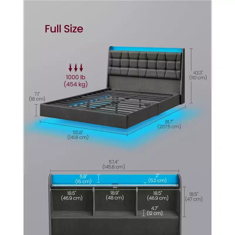 Cadre de lit flottant pleine grandeur avec lumières DEL, Cadre de lit double avec station de recharge, Tête de lit capitonnée avec rangement, Cadre de lit plateforme rembourré