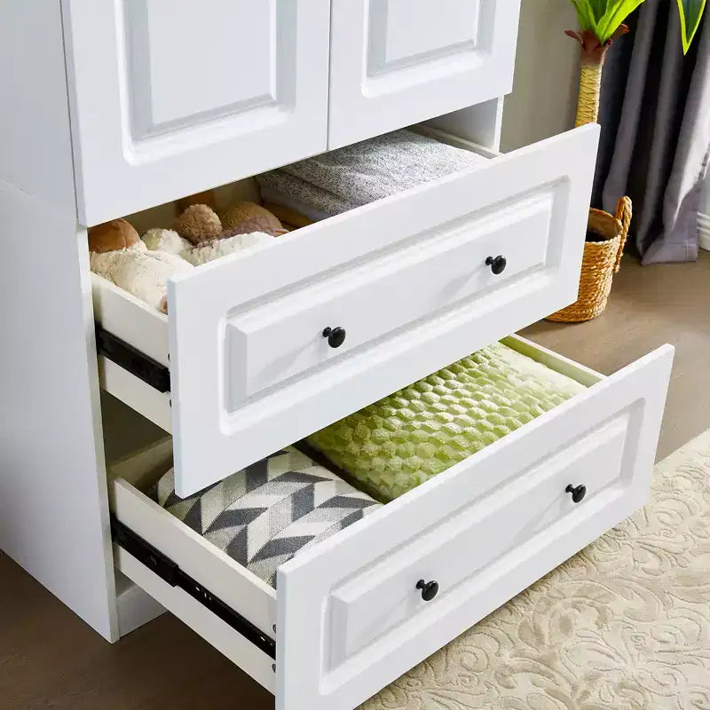 Armoire en bois blanc de 80 cm avec 2 tiroirs, 1 étagère et tringles de suspension