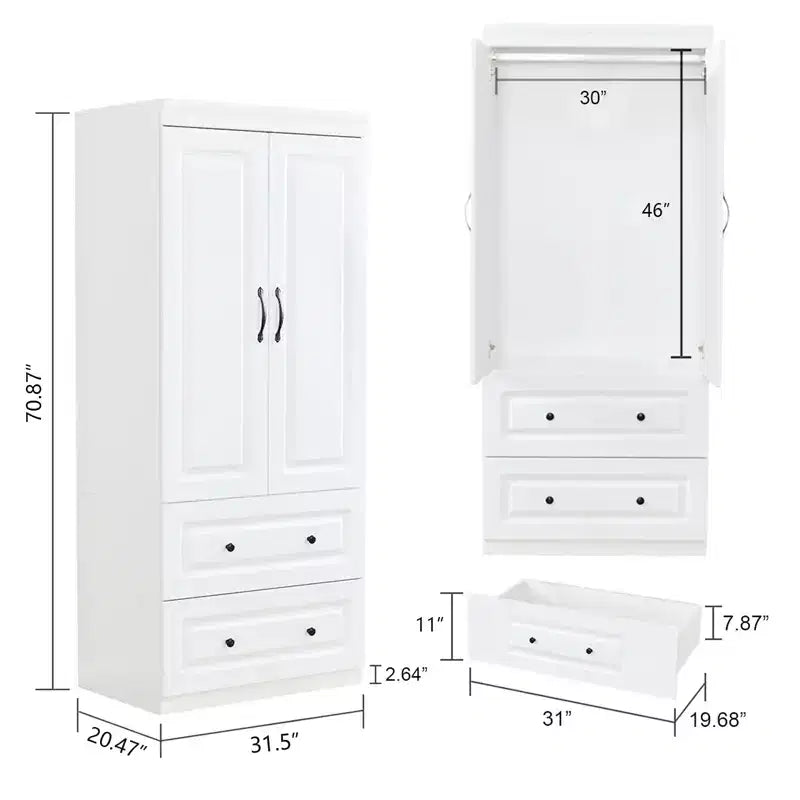 Armoire en bois blanc de 80 cm avec 2 tiroirs, 1 étagère et tringles de suspension