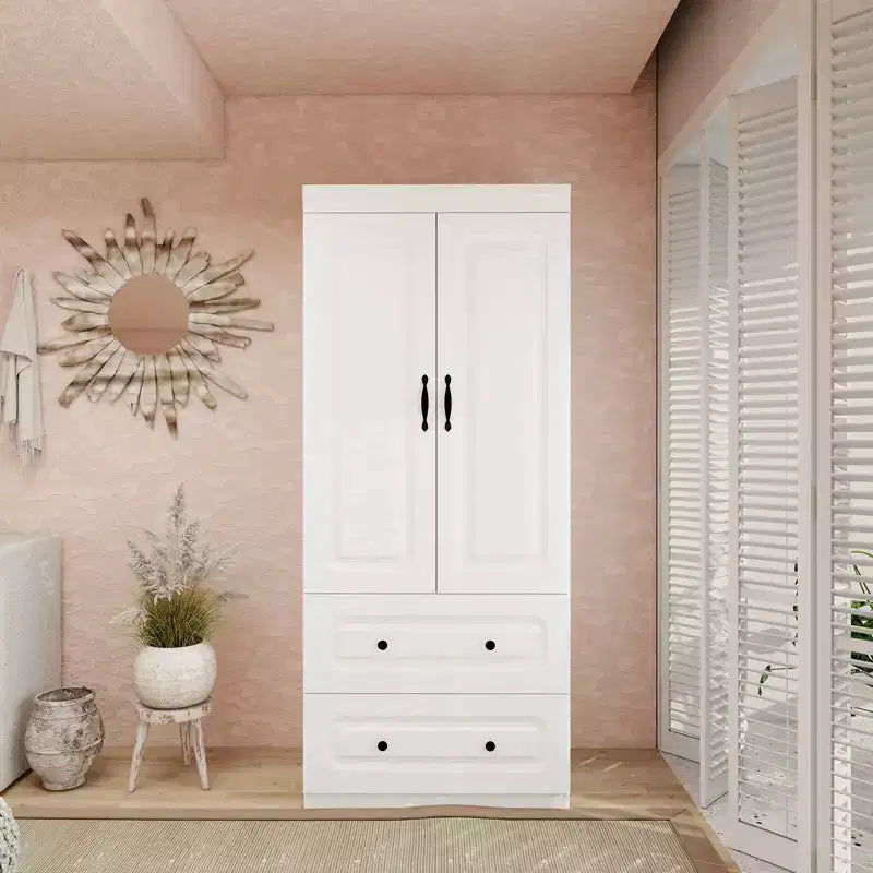 Armoire en bois blanc de 80 cm avec 2 tiroirs, 1 étagère et tringles de suspension