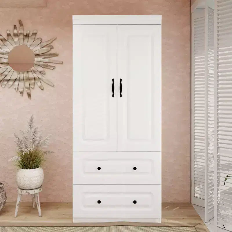 Armoire en bois blanc de 80 cm avec 2 tiroirs, 1 étagère et tringles de suspension