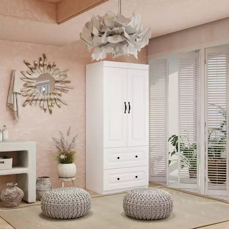 Armoire en bois blanc de 80 cm avec 2 tiroirs, 1 étagère et tringles de suspension