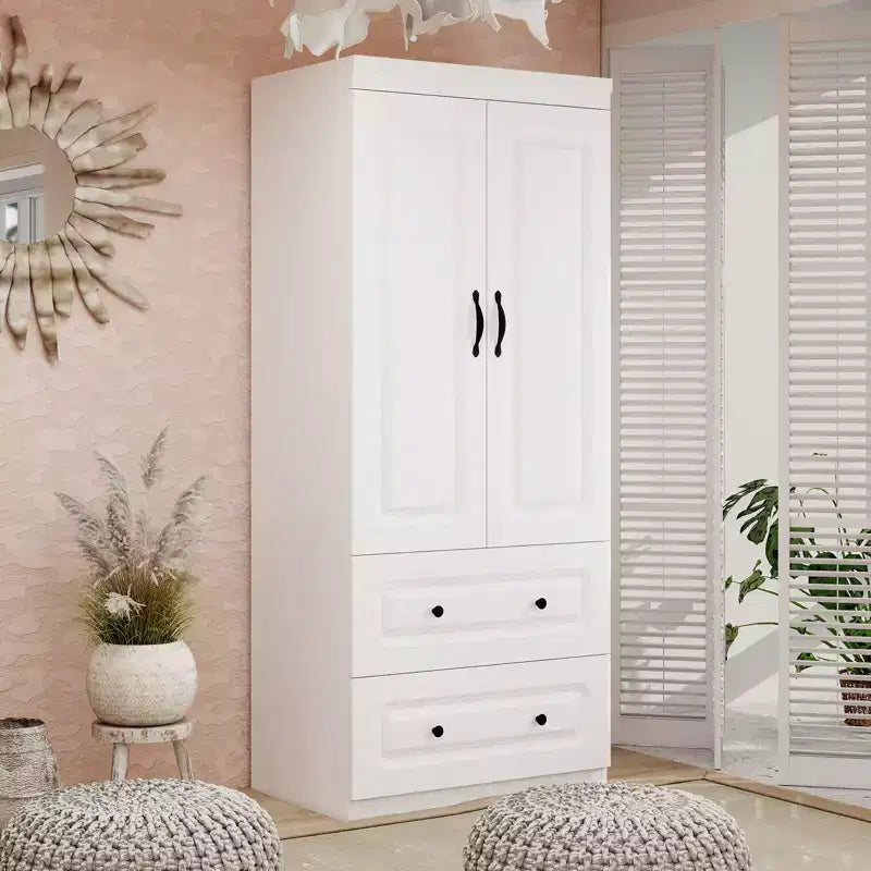 Armoire en bois blanc de 80 cm avec 2 tiroirs, 1 étagère et tringles de suspension