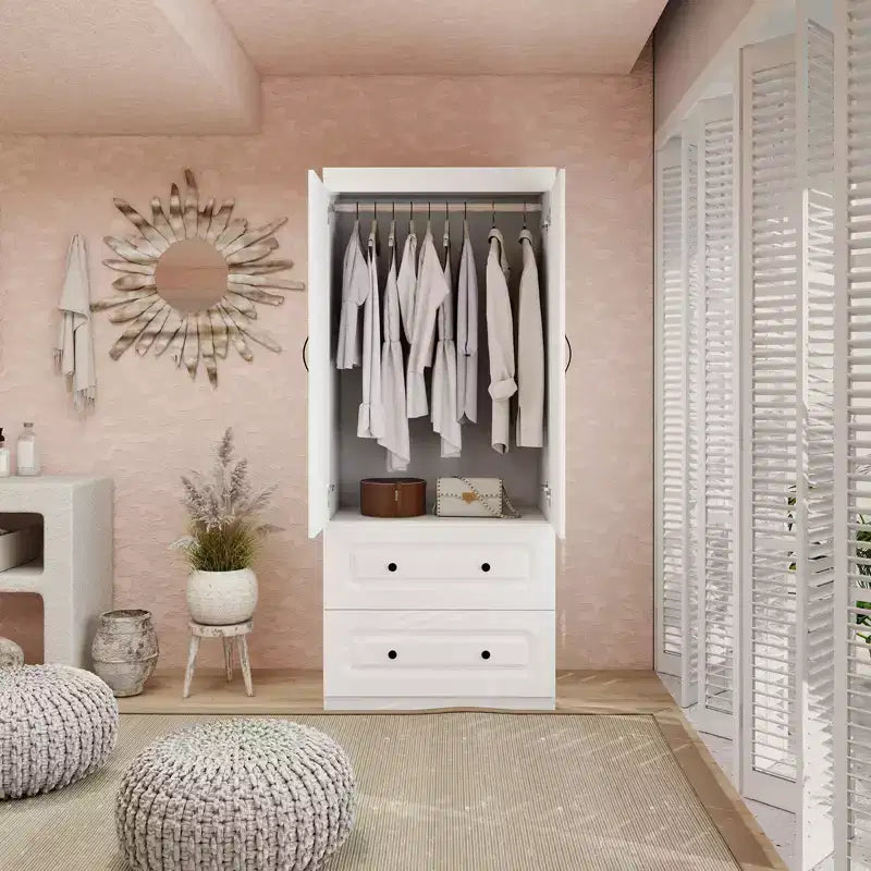 Armoire en bois blanc de 80 cm avec 2 tiroirs, 1 étagère et tringles de suspension