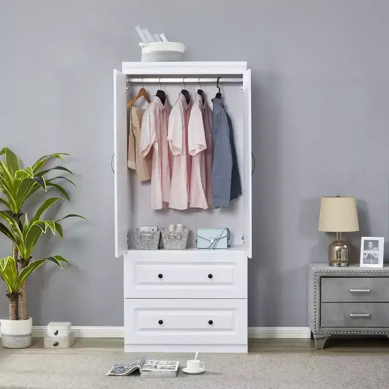 Armoire en bois blanc de 80 cm avec 2 tiroirs, 1 étagère et tringles de suspension