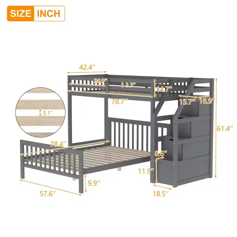 Lit superposé mezzanine moderne en bois, double au-dessus du plein, avec escalier de rangement, 246,9 cm (L) x 199,1 cm (l)