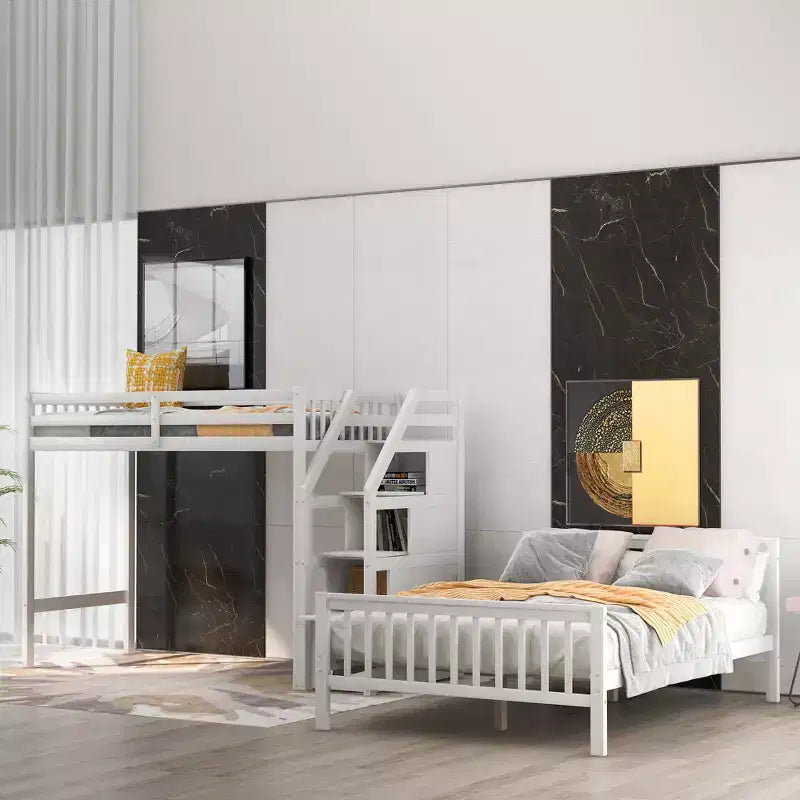 Lit superposé mezzanine moderne en bois, double au-dessus du plein, avec escalier de rangement, 246,9 cm (L) x 199,1 cm (l)