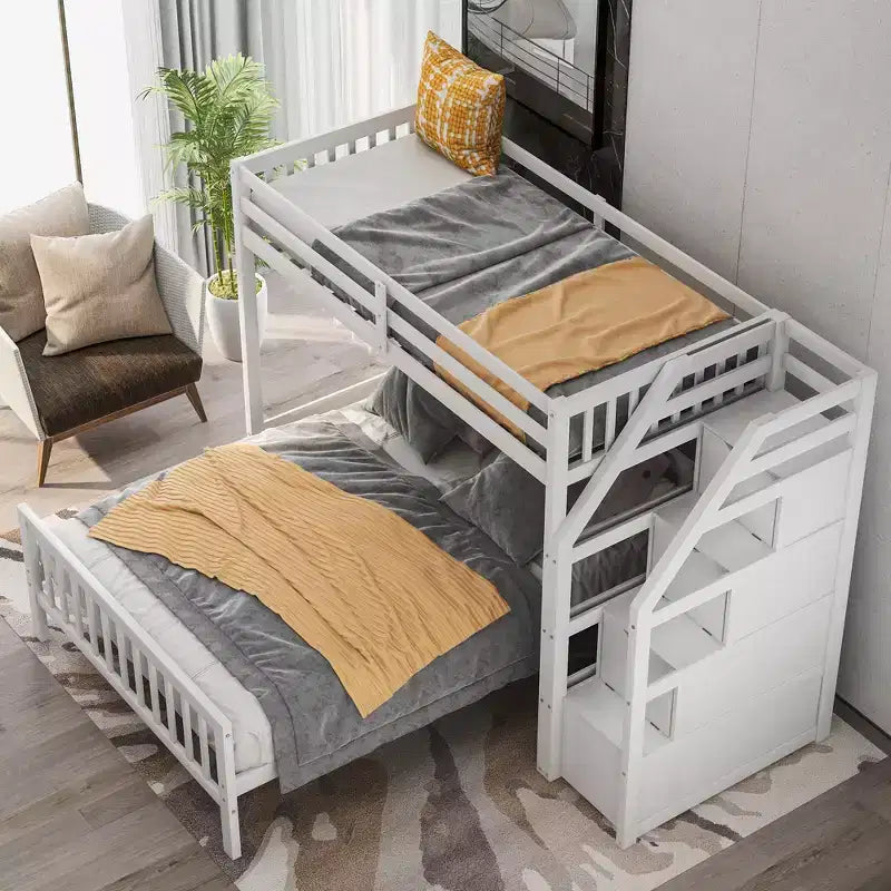 Lit superposé mezzanine moderne en bois, double au-dessus du plein, avec escalier de rangement, 246,9 cm (L) x 199,1 cm (l)