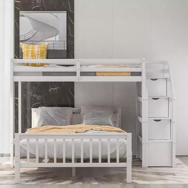 Lit superposé mezzanine moderne en bois, double au-dessus du plein, avec escalier de rangement, 246,9 cm (L) x 199,1 cm (l)