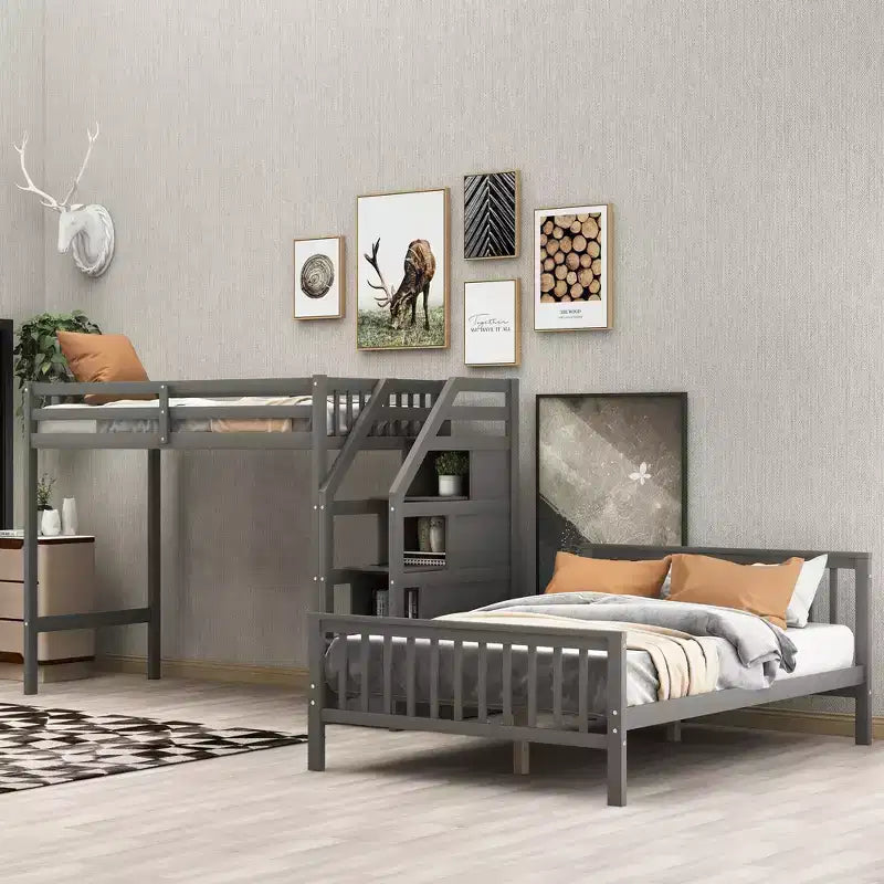 Lit superposé mezzanine moderne en bois, double au-dessus du plein, avec escalier de rangement, 246,9 cm (L) x 199,1 cm (l)