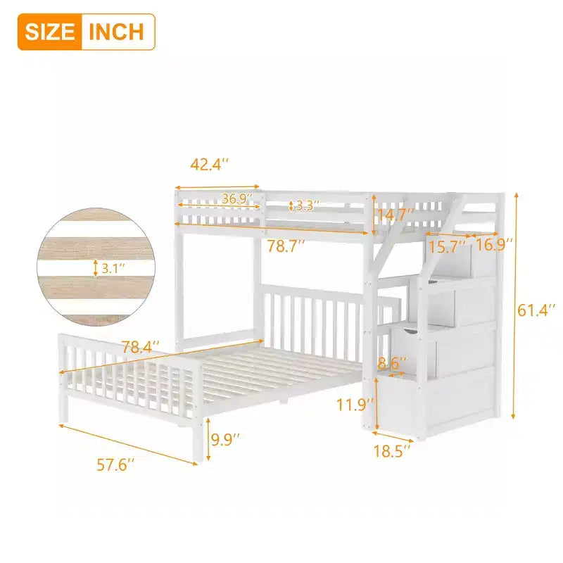 Lit superposé mezzanine moderne en bois, double au-dessus du plein, avec escalier de rangement, 246,9 cm (L) x 199,1 cm (l)
