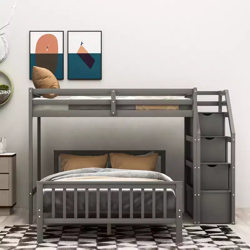 Lit superposé mezzanine moderne en bois, double au-dessus du plein, avec escalier de rangement, 246,9 cm (L) x 199,1 cm (l)