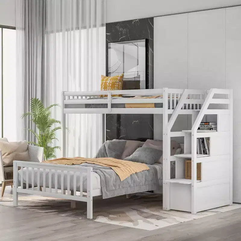 Lit superposé mezzanine moderne en bois, double au-dessus du plein, avec escalier de rangement, 246,9 cm (L) x 199,1 cm (l)