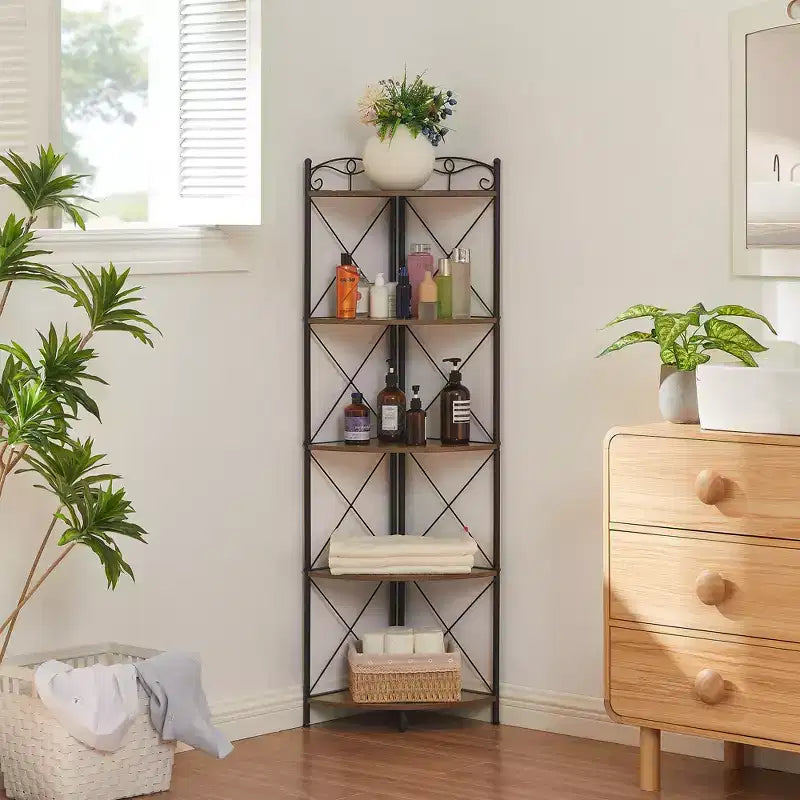 Meuble d'angle de rangement avec étagères en bois, Organiseur autoportant pour petits espaces, Marron