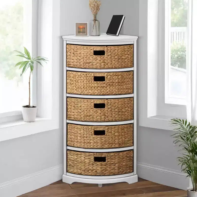EHemco Hampton Meadows Commode de rangement d'angle à 5 tiroirs avec côtés en X et 5 paniers en osier
