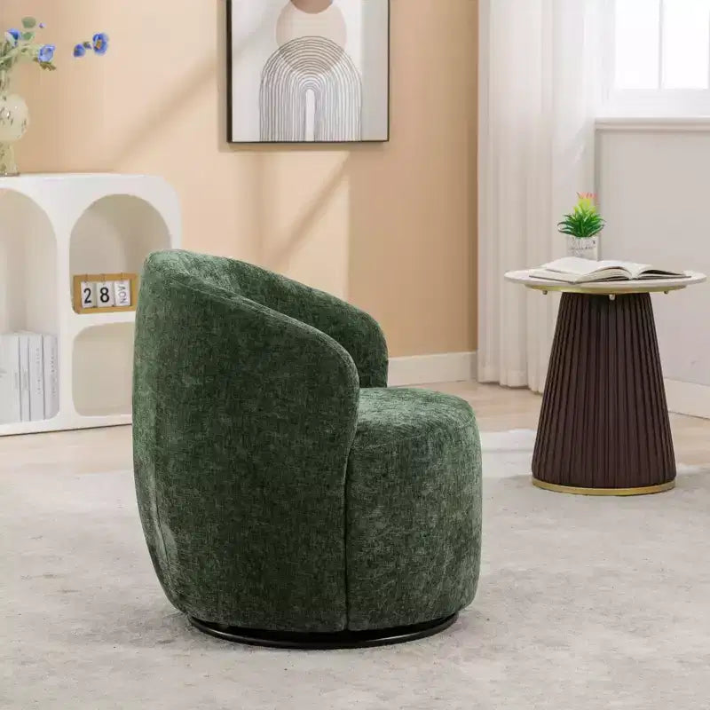 Fauteuil pivotant rond en tissu chenille avec anneau métallique thermolaqué noir, ivoire