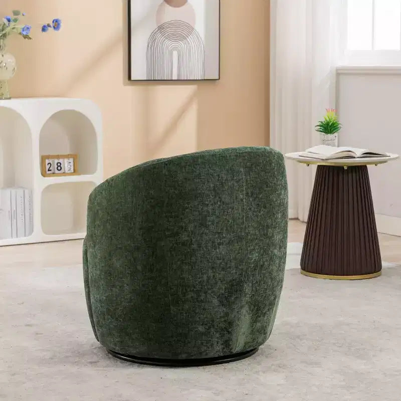 Fauteuil pivotant rond en tissu chenille avec anneau métallique thermolaqué noir, ivoire