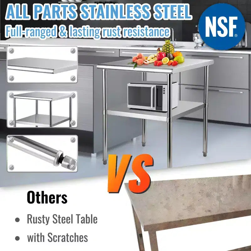 Table de préparation en acier inoxydable, 30 x 30 x 36 pouces, capacité de charge de 800 livres, table de travail en métal robuste avec étagère inférieure et pieds réglables