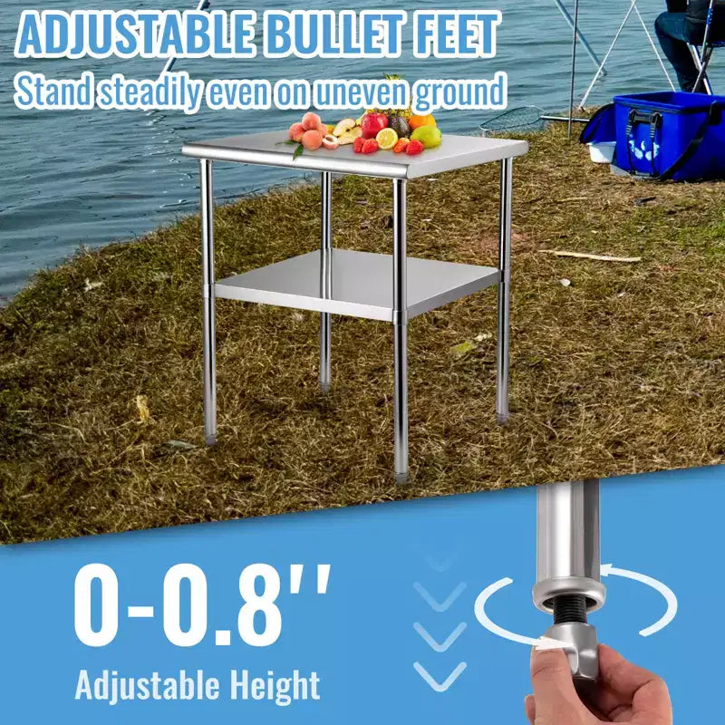 Table de préparation en acier inoxydable, 30 x 30 x 36 pouces, capacité de charge de 800 livres, table de travail en métal robuste avec étagère inférieure et pieds réglables