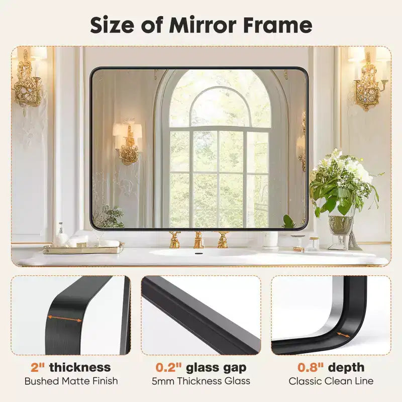 Grand miroir de salle de bain en aluminium 39x29 pouces, miroir de courtoisie anti-buée avec verre de sécurité, noir