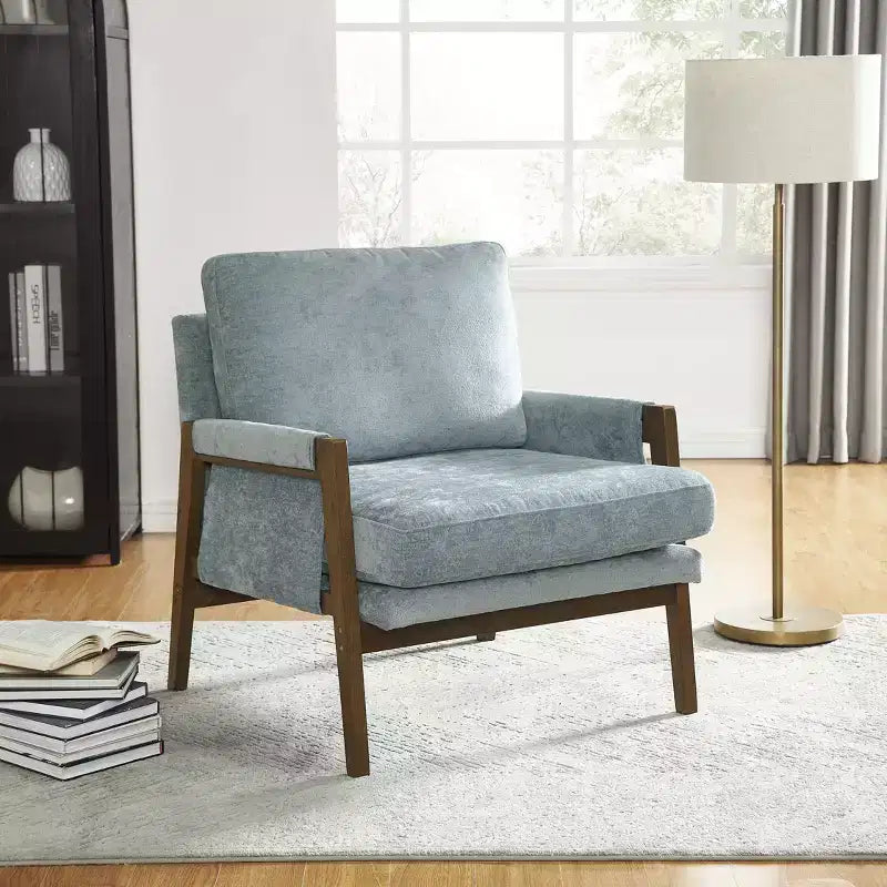 Fauteuil d'appoint moderne en velours, chaise de salon capitonnée, fauteuil élégant de style Mid-Century avec pieds en bois de caoutchouc pour salle de lecture, chambre à coucher