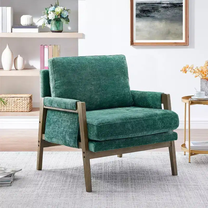 Fauteuil d'appoint moderne en velours, chaise de salon capitonnée, fauteuil élégant de style Mid-Century avec pieds en bois de caoutchouc pour salle de lecture, chambre à coucher