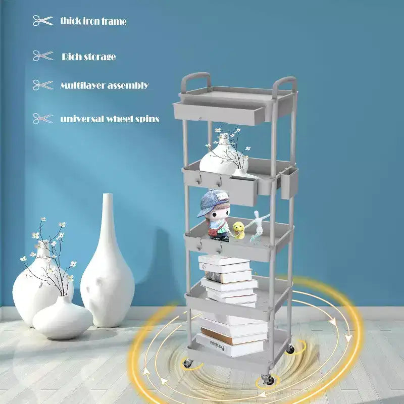 Chariot roulant à 5 niveaux avec tiroir, organiseur mobile peu encombrant pour cuisine - Capacité de 150 kg