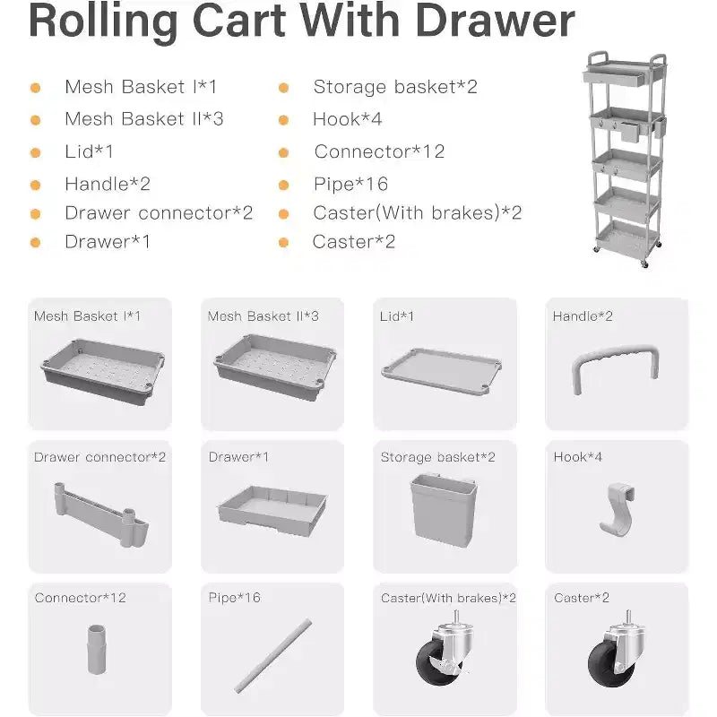 Chariot roulant à 5 niveaux avec tiroir, organiseur mobile peu encombrant pour cuisine - Capacité de 150 kg