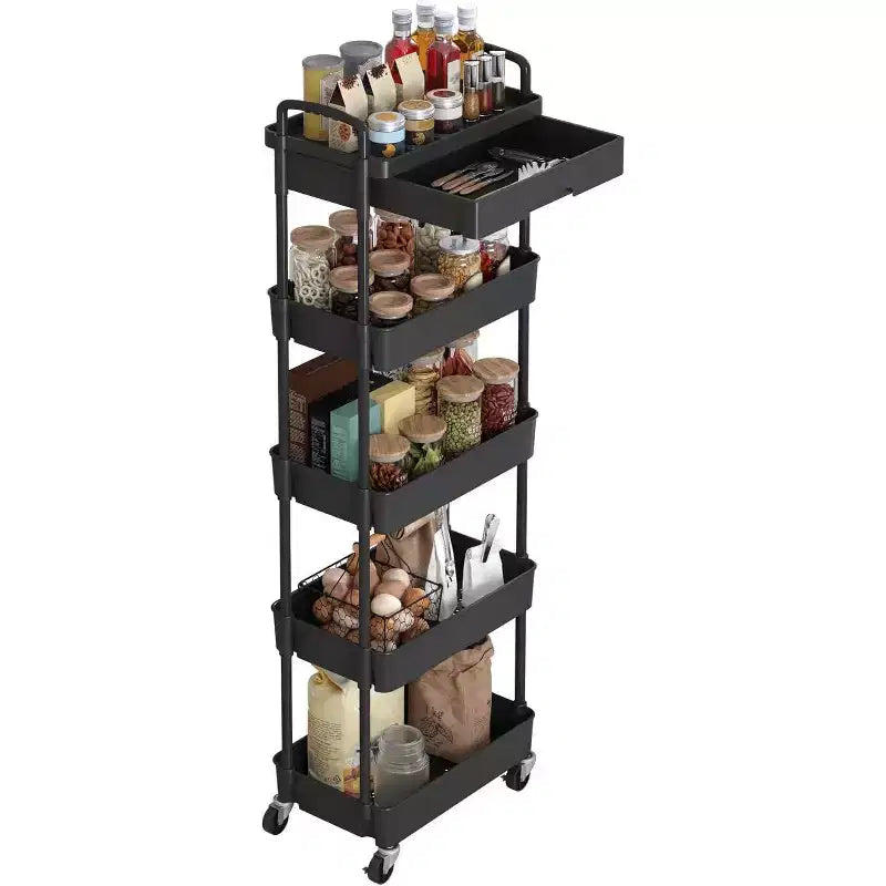 Chariot roulant à 5 niveaux avec tiroir, organiseur mobile peu encombrant pour cuisine - Capacité de 150 kg