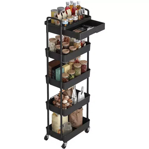 Chariot roulant à 5 niveaux avec tiroir, organiseur mobile peu encombrant pour cuisine - Capacité de 150 kg
