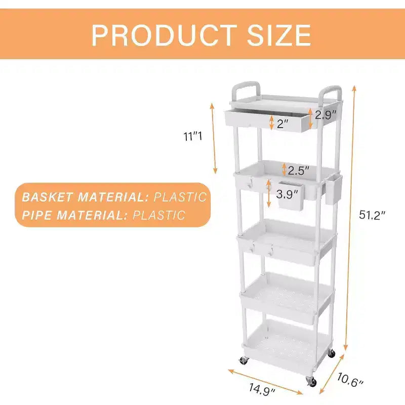 Chariot roulant à 5 niveaux avec tiroir, organiseur mobile peu encombrant pour cuisine - Capacité de 150 kg