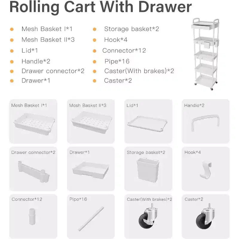 Chariot roulant à 5 niveaux avec tiroir, organiseur mobile peu encombrant pour cuisine - Capacité de 150 kg