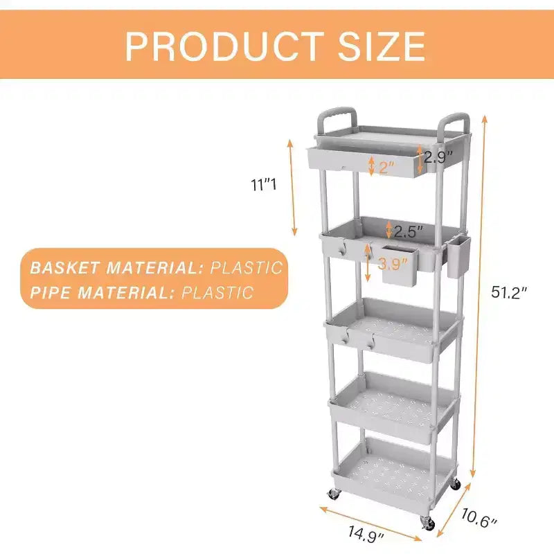 Chariot roulant à 5 niveaux avec tiroir, organiseur mobile peu encombrant pour cuisine - Capacité de 150 kg