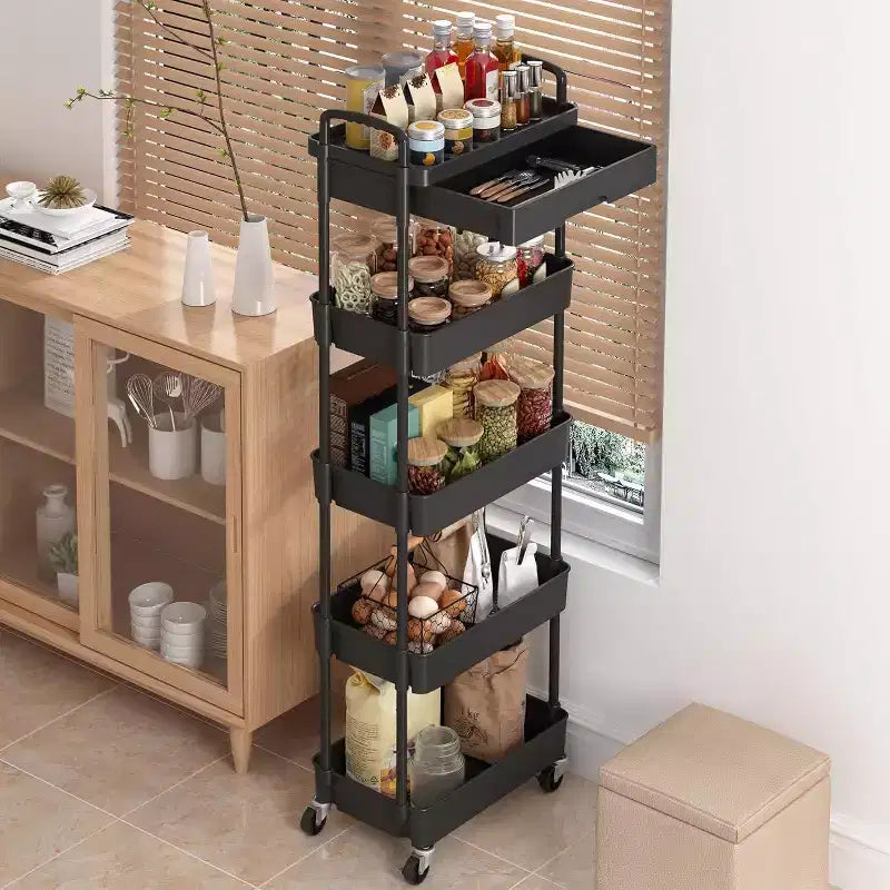 Chariot roulant à 5 niveaux avec tiroir, organiseur mobile peu encombrant pour cuisine - Capacité de 150 kg
