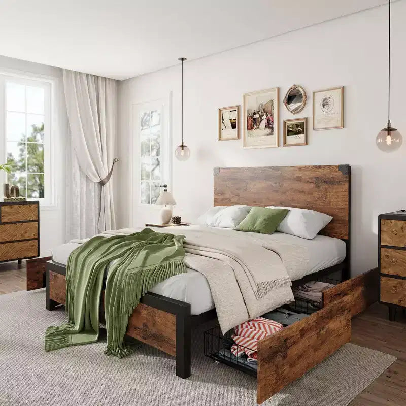 Cadre de lit avec tiroirs de rangement - Plateforme métallique robuste avec tête de lit en bois, sommier tapissier non requis, montage facile, marron vintage