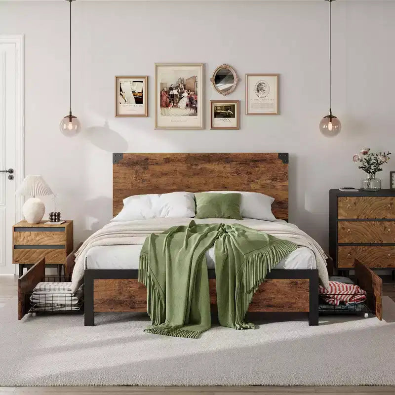 Cadre de lit avec tiroirs de rangement - Plateforme métallique robuste avec tête de lit en bois, sommier tapissier non requis, montage facile, marron vintage