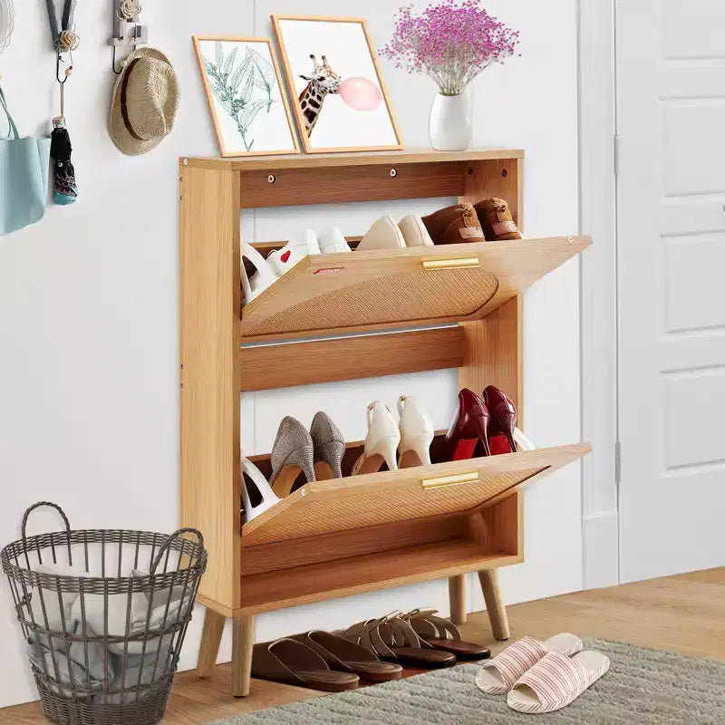 Meuble à chaussures avec 2 tiroirs basculants, meuble de rangement pour chaussures d'entrée, organiseur de rangement pour chaussures autoportant avec portes en rotin, marron