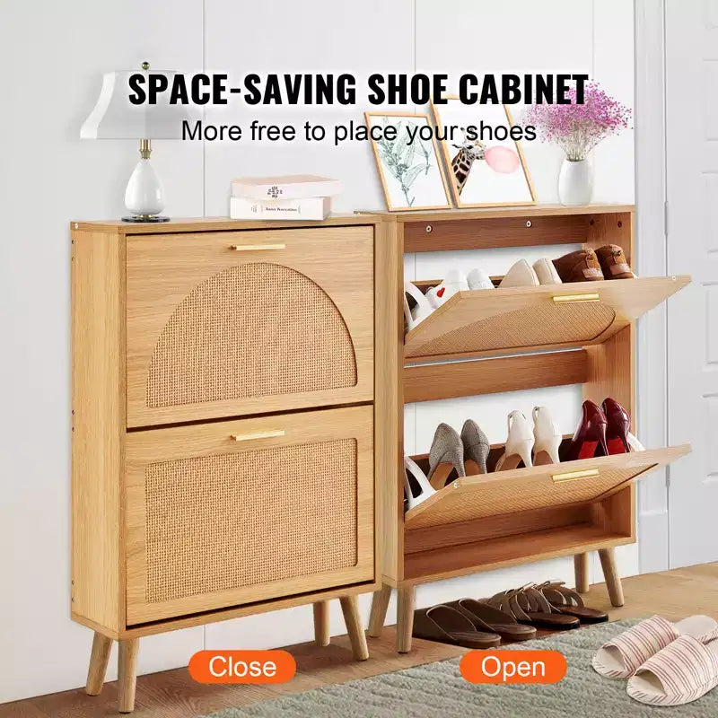 Meuble à chaussures avec 2 tiroirs basculants, meuble de rangement pour chaussures d'entrée, organiseur de rangement pour chaussures autoportant avec portes en rotin, marron