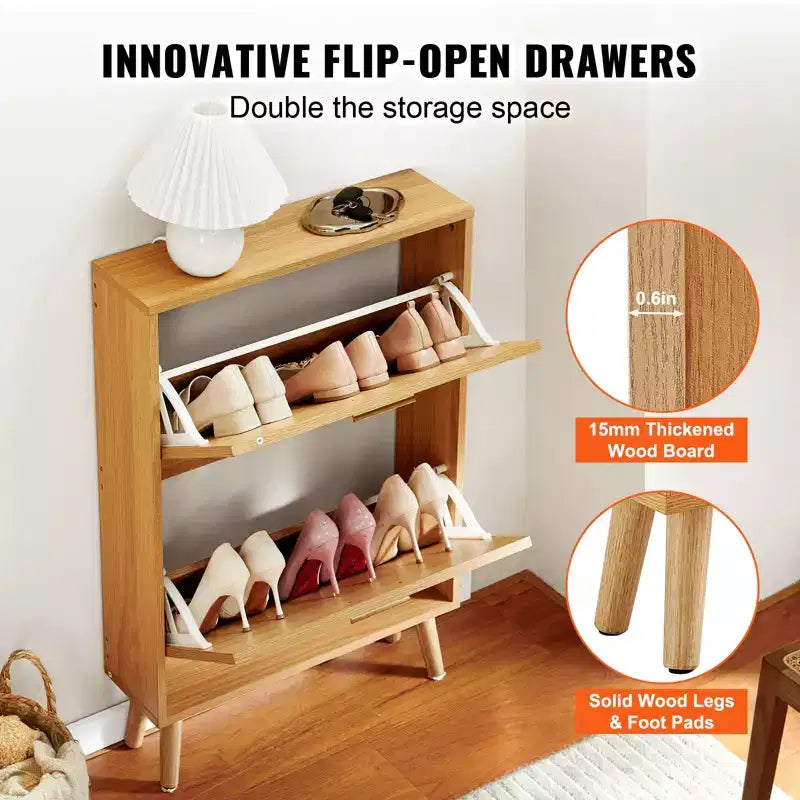 Meuble à chaussures avec 2 tiroirs basculants, meuble de rangement pour chaussures d'entrée, organiseur de rangement pour chaussures autoportant avec portes en rotin, marron