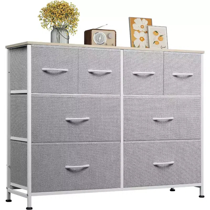 Commode à 8 tiroirs DEXYLLO pour chambre à coucher, commode de rangement en tissu, grande commode pour salon, placard, entrée, gris clair